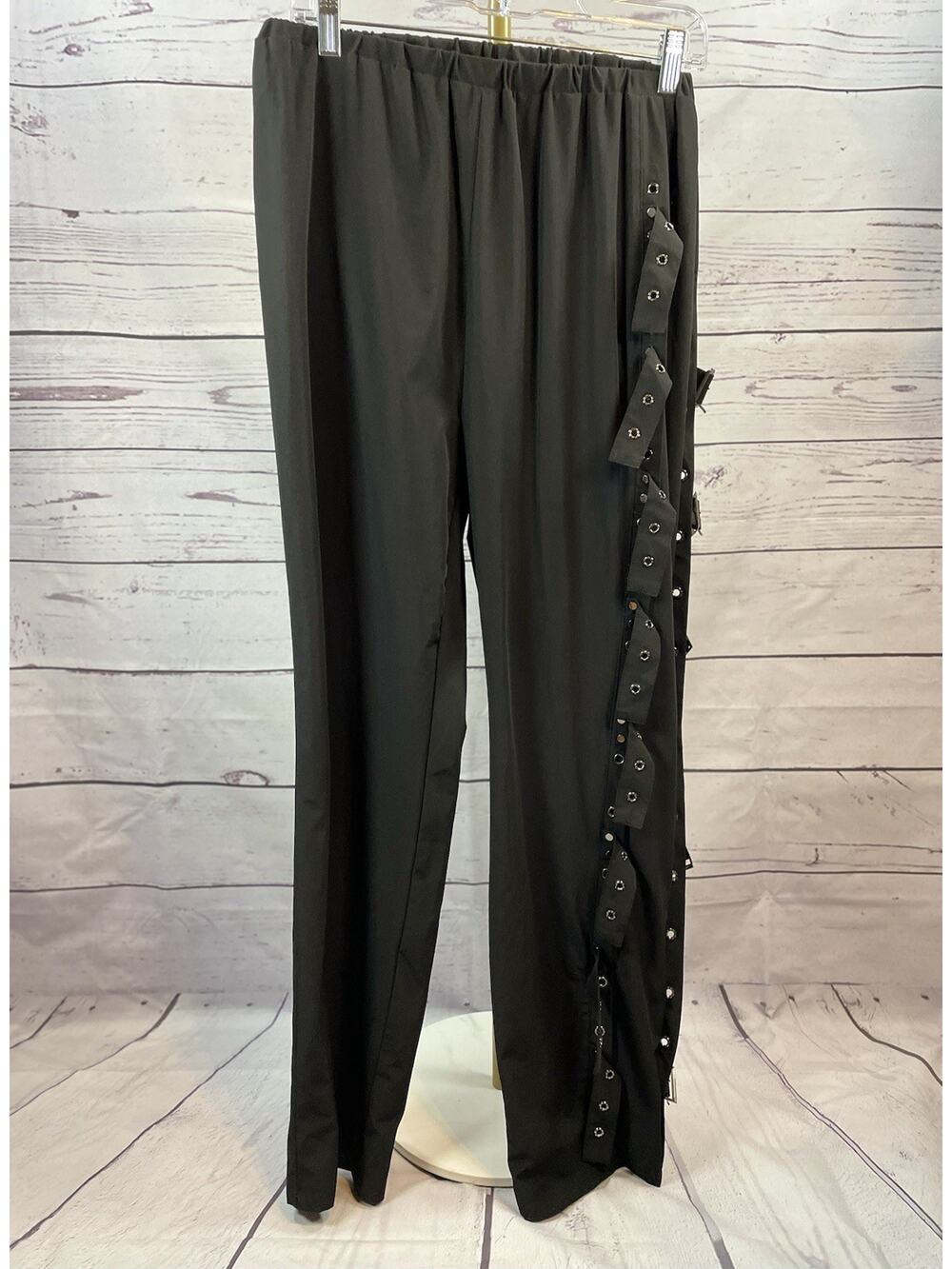 Black Gothic Punk Buckle Strap Pants Elastic Waist Wide Leg Alternative Style